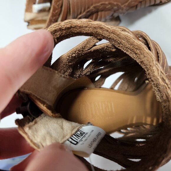 Dingo Jeezy Tan Brown Braided Leather Sandals Chunky Heel Fringe Detail Boho 10 - Picture 9 of 13